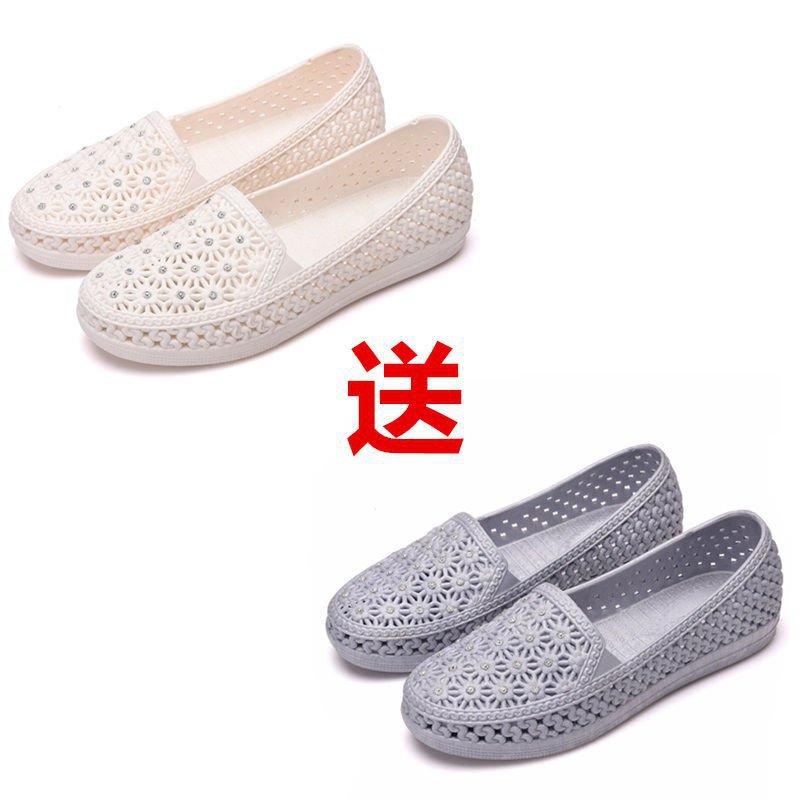 Buy One and Get One Free Summer PVC Hole Shoes Breathable Hollow Women's Shoes Soft-soled Mother Shoes Flat-soled Bag Head Beach Shoes