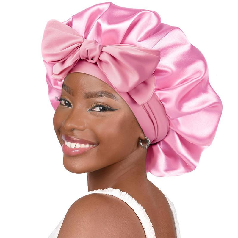 Bonnet de Nuit en Satin pour Femmes avec Nœud Papillon Lien Réglable Soin des Cheveux Bonnet de Nuit Doux en Soie