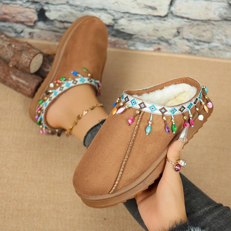 Pantofole in Cotone Decorazione Frange Boemia Donna Inverno 2025 Comfort Suola Spessa Non-Slip Calde Peluche Corto Ciabatte da Esterno