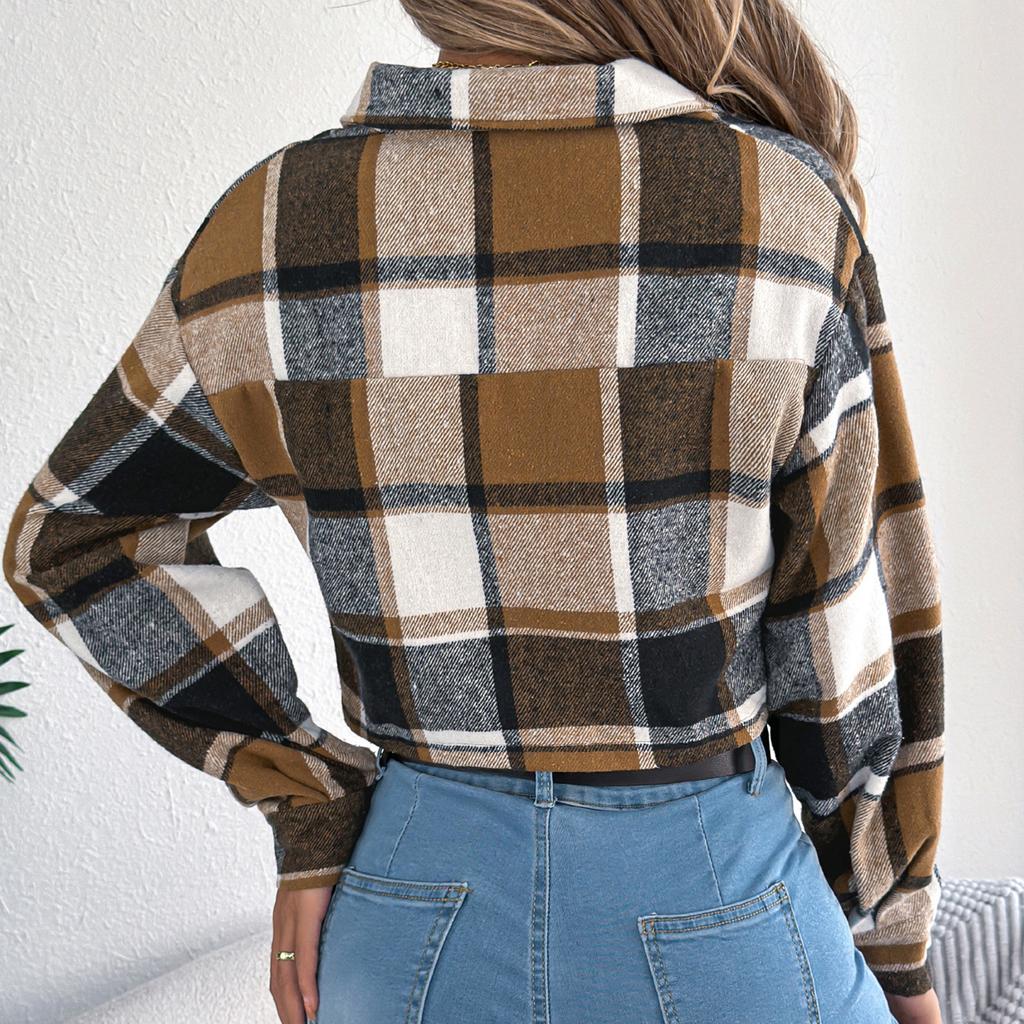 Women's Contrasting Plaid Long Sleeved Woolen Short Jacket Jacket