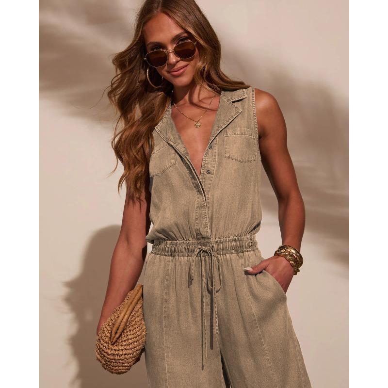 QICED Women's Fashion Casual Solid Color Print Sleeveless Jumpsuit