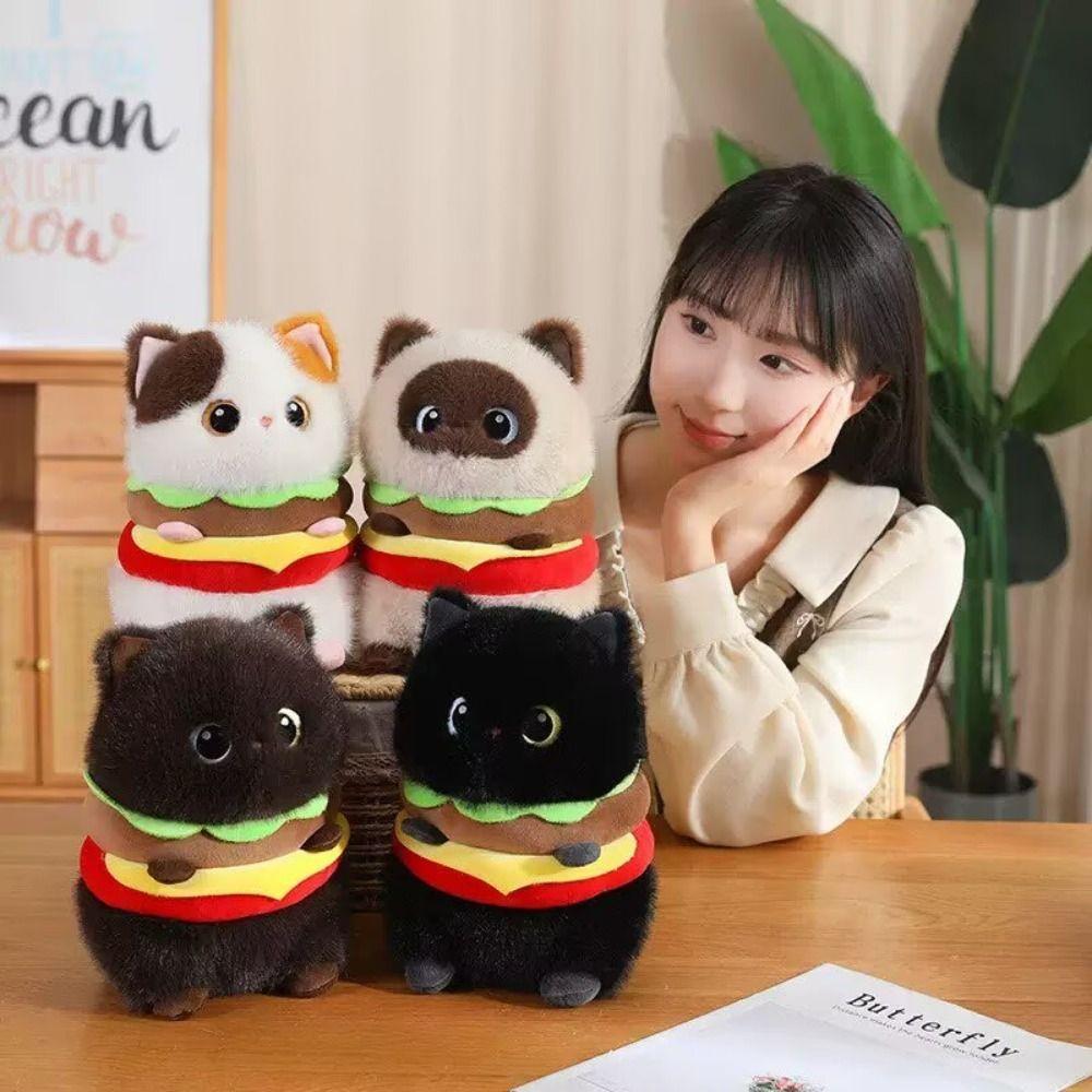 Cartoon Cat Stuffed Animal Pillow Soft Kitty Plush Doll Hamburger Cat Plush Toy Sleeping Companion