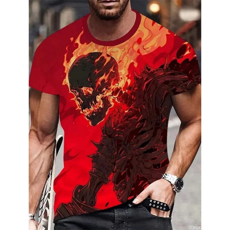 Summer Comfortable Round Neck Short Sleeved Men's 3D Horror Skull Print T-shirt Casual T-shirt Fashion Clothing