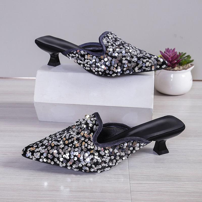 Fashion Glitter Cloth Fine Heel Top Slippers Summer New Pointy Buckle Cover Foot Anti-slip and Wear-resistant Heel Shoes