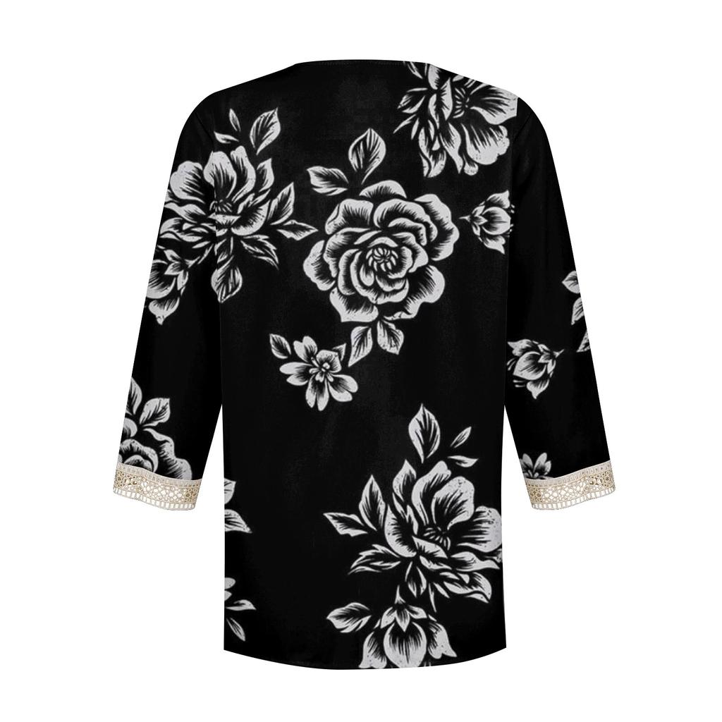 Damenbluse, lässig, locker, 3/4-Ärmel, Spitzenbesatz, Aufdruck, V-Ausschnitt, Aufdruck, Oberteile, T-Shirts