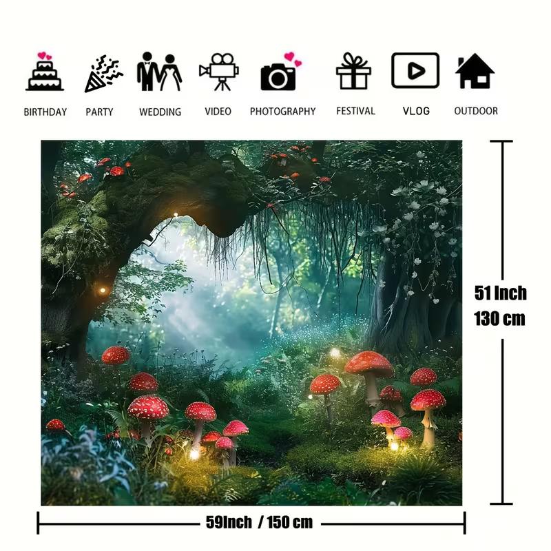 2D Fantasy Fairycore Wandteppich Verzauberter Grüner Wald mit Roten Pilzen Wandkunst