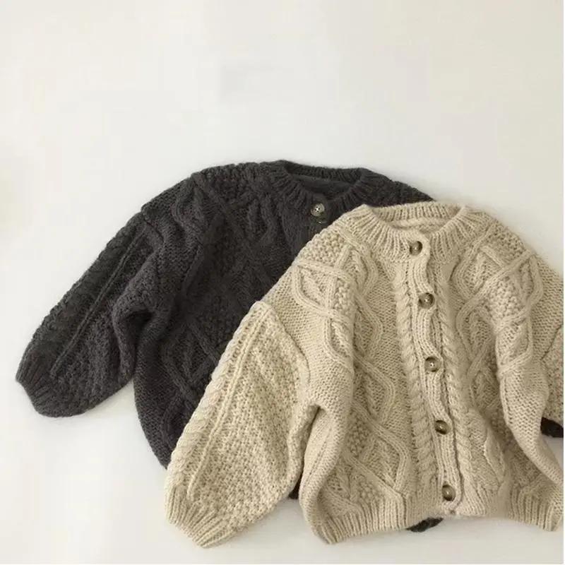 Jenter Strikket Genser Cardigan Mote Baby Grov Ull Hamp Retro Cardigan Gutter Jakke Barneklær
