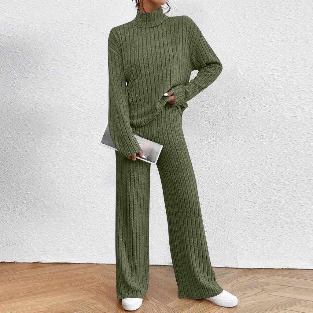 Women's Fashion Solid Color High Collar Long Sleeve Top Elastic Waist Casual Pants Two Piece Set