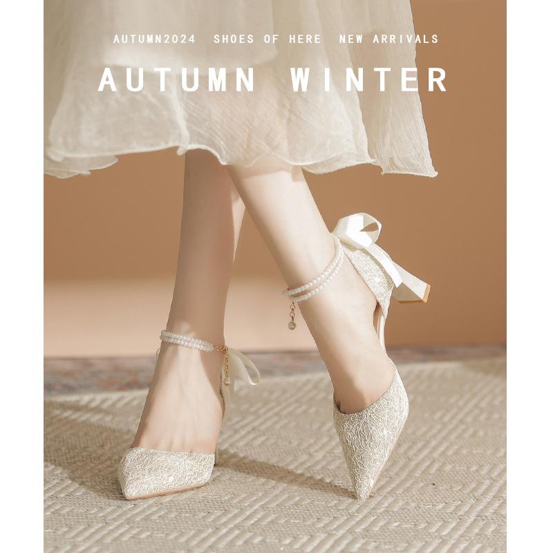 Ribbon high heels women's new pearl chain ribbon pointed thick heel not tired foot sandals