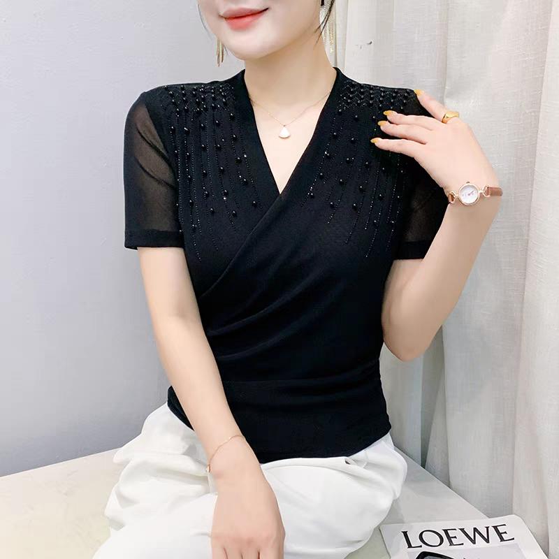 

Уличная мода Девушка Летний Шик Одежда с бисером Сетчатые футболки Сексуальные топы с V-образным вырезом Женские Новые Повседневные футболки с коротким рукавом M чёрный