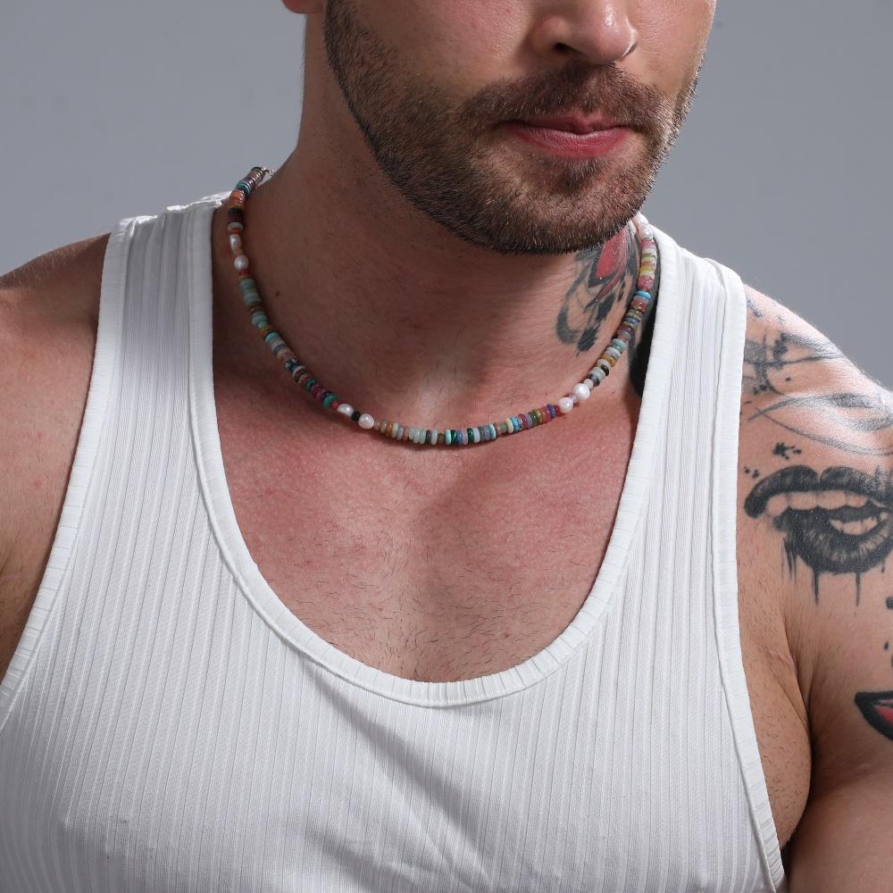 Retro Natural Stone Beads Agate Pearl Chain Necklace Men Handmade Short Choker Fashion Casual Jewelry Trendy Accessories 45cm