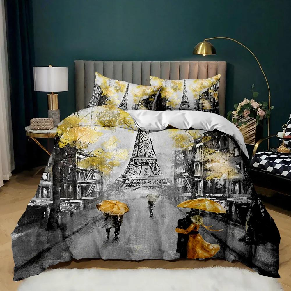 Retro Architektoniczny Poszwa na Kołdrę Kobieta w Czerwonej Sukni Gra na Skrzypcach przy Wieży Eiffla Podwójna Queen King Poliester Poszwa na Kołdrę