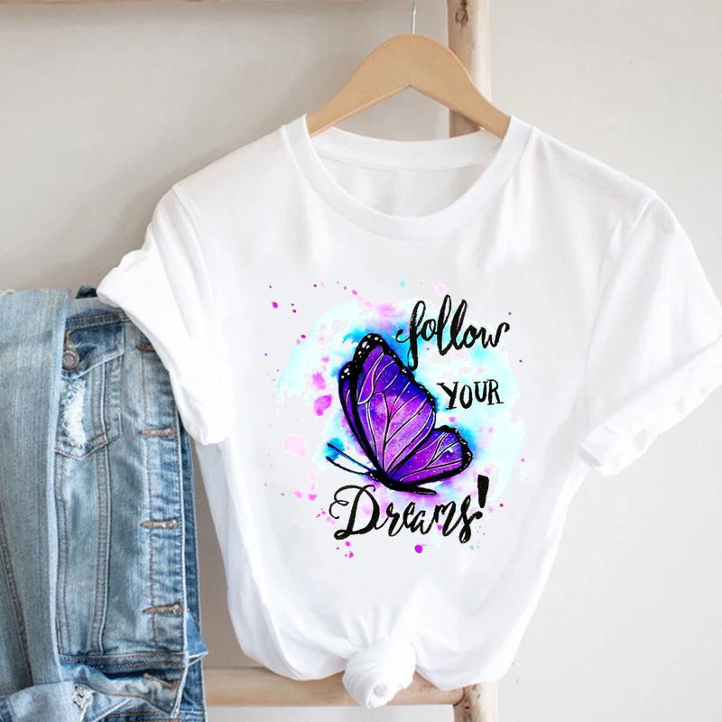 Tee Top Tshirt Fashion Clothes Women Watercolor Print Lady Female Clothing Butterfly Letter Short Sleeve Printing T Casual Cartoon Graphic T-shirt