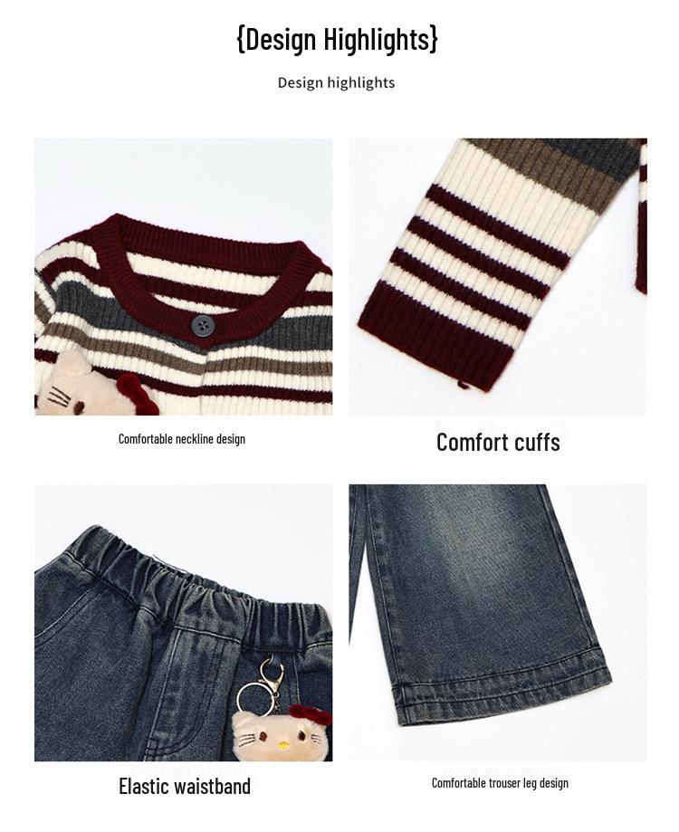 Girls' Korean Striped Cardigan & Baby Jeans Autumn Set 2025