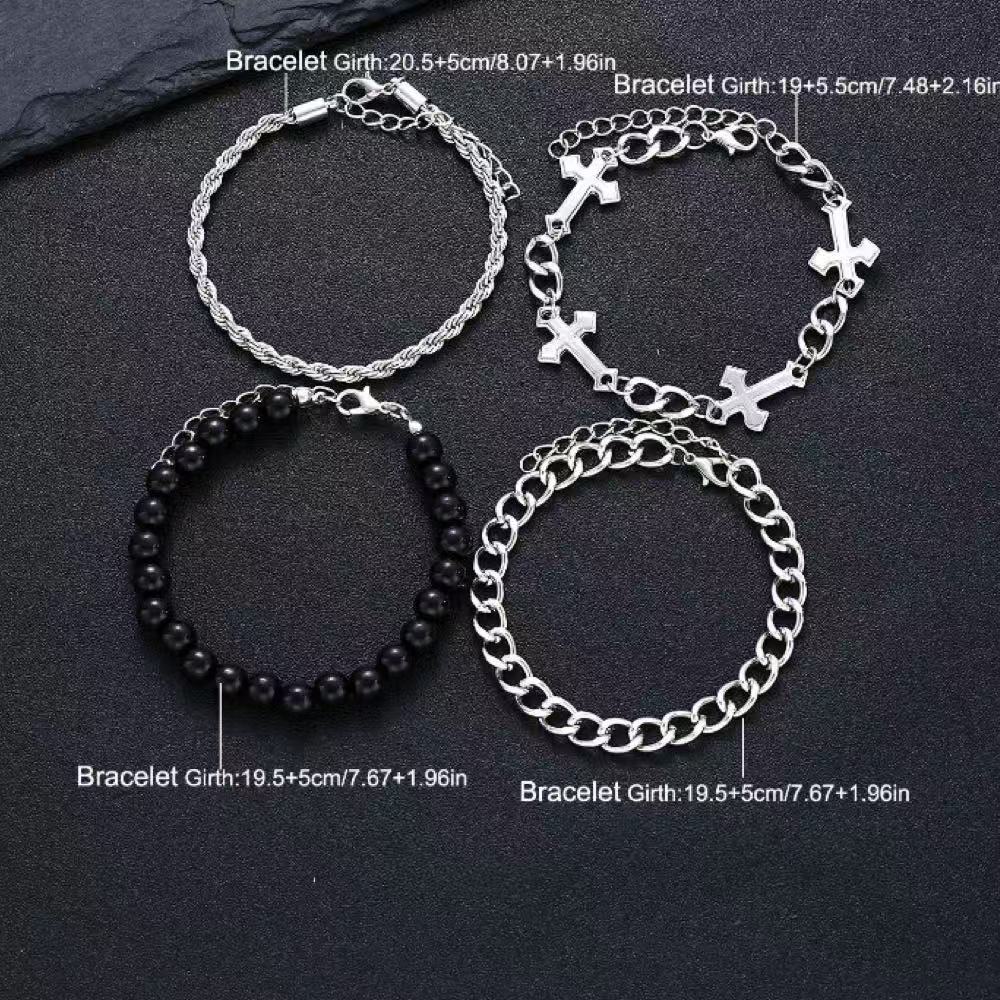 4 Pcs Stainless Steel Bracelet Set For Men Women Punk Fashion Cross Beads Chain Bracelets Simple Hip Hop Unisex Jewelry Gift New