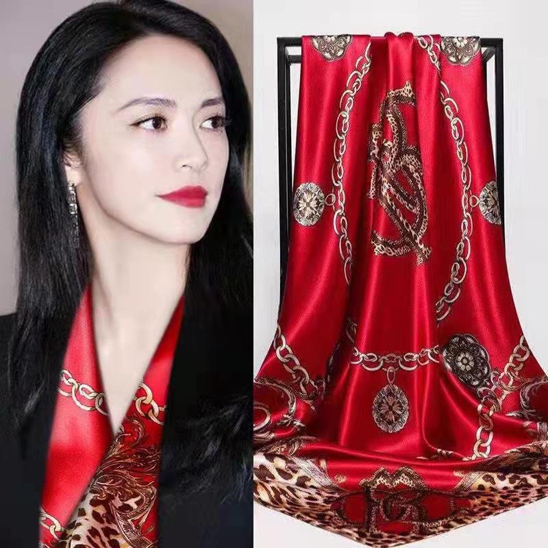 Women's Silk Large Square Scarf with Leopard and Chain Design for Spring and Autumn