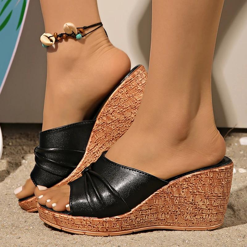 

Модная женская обувь больших размеров Лето 2025 Женские сандалии на танкетке Платформа Толстая подошва Шлепанцы Новые женские сандалии с открытым носком Нескользящие Пляжные сандалии 43 чёрный