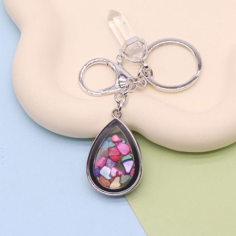 Natural Stone Crystals Teardrop Shape Photo Locket Keychain Featuring Diamonds Cut Designs for Sentimental Gifts