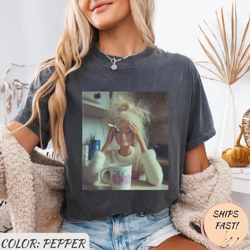 

2026 Summer Womens Distressed Doll Face Meme TShirt Cotton and Breathable Short Sleeve Streetwear Oversized Loose Casual S