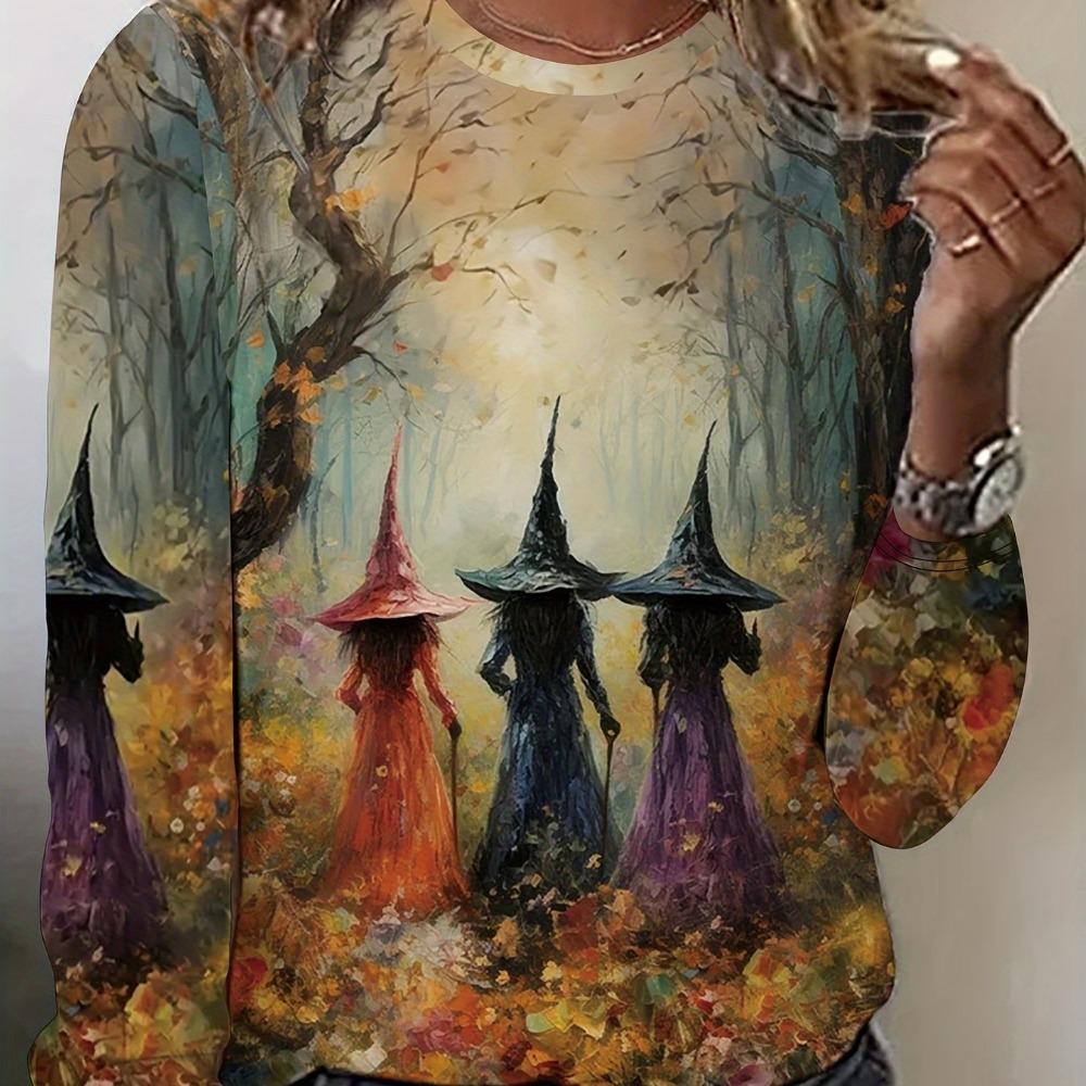 Women'S Clothing, Casual Random Witch Print, Round Neck Long Sleeve Loose Top Base Layer Long Sleeve T-Shirt