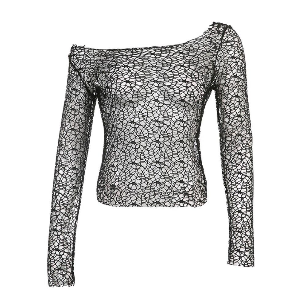 

Лето 2022, женские сексуальные винтажные прозрачные футболки с длинным рукавом и вырезом на шее, ажурные сетчатые топы с ажурным воротником L чёрный