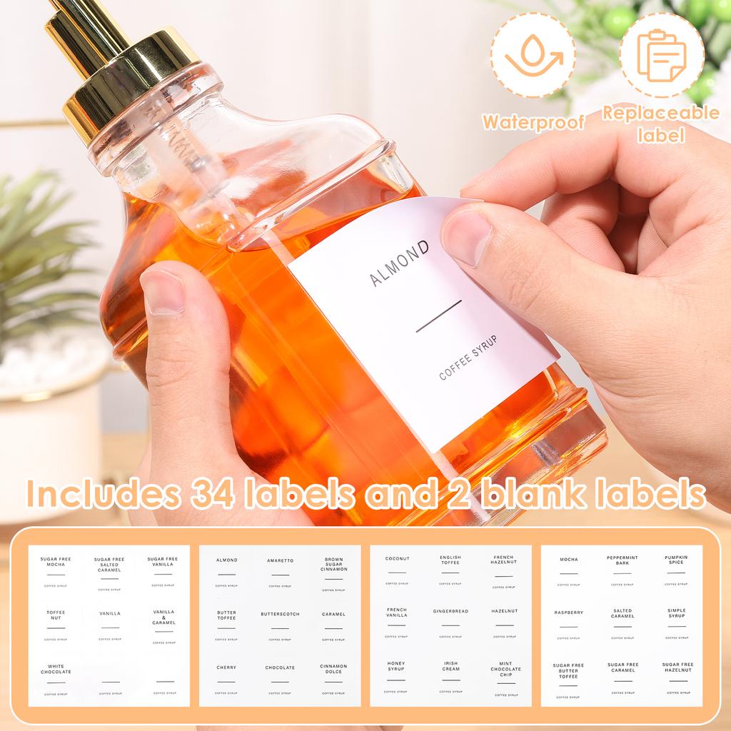 Coffee Syrup Dispenser Set 500ml Glass Syrup Bottle with Funnel Label Stickers Clear Coffee Syrup Container Pump Dispensers