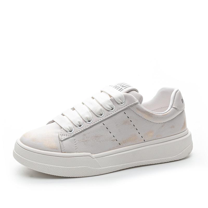 Women's Classic Genuine Leather White Sneakers - Retro Style, Thick Sole, Versatile Casual Skate Shoes