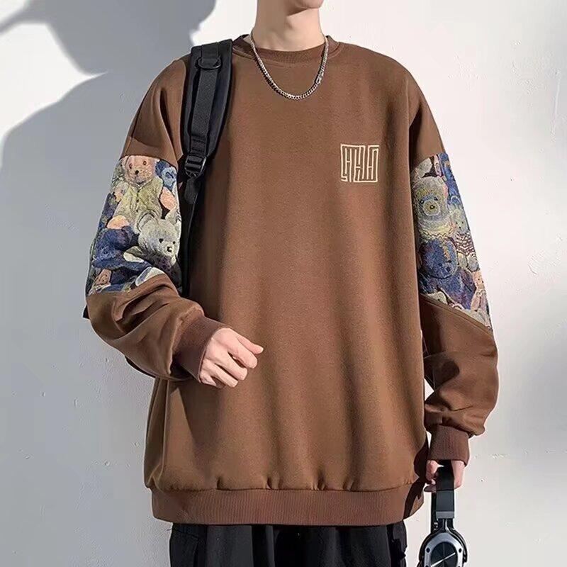 Men's Plus Size Embroidered Patchwork Sweatshirt - Loose Fit, Round Neck, Spring/Autumn Trend.