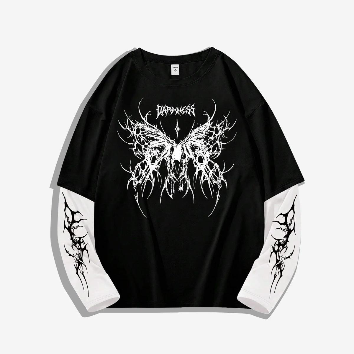 Herren Dark Aesthetic  Darkness  Grafik Langarmshirt, Gespickter Schmetterling Fake Layer Streetwear Oberteil XXL schwarz