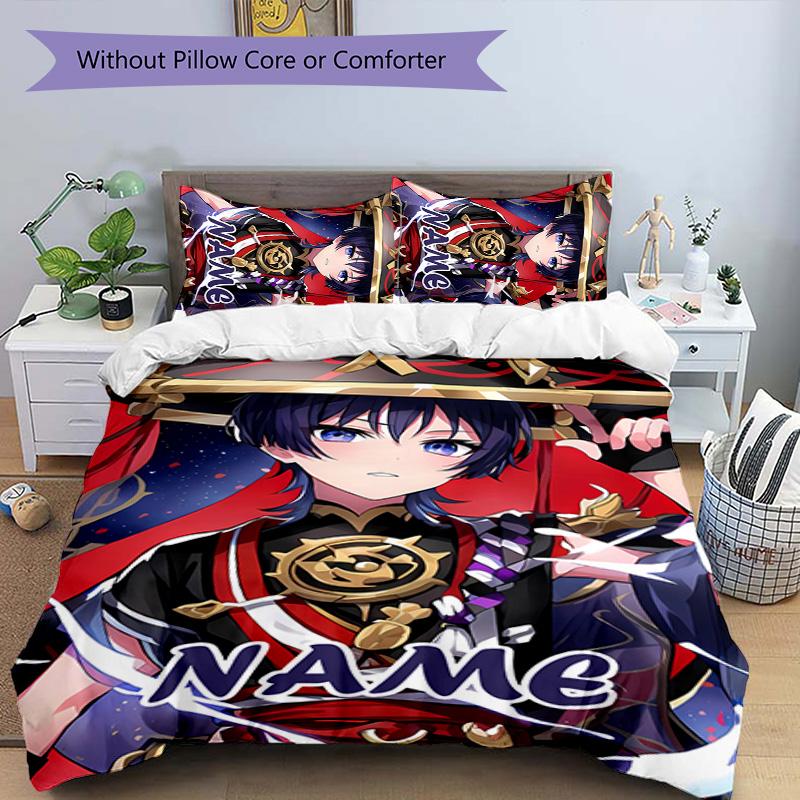 3pcs Genshin Impact4 Cover Set - Personalized Name, HD Printed Bedding with 1 Cover and 2 Pillowcases - Perfect for Home Decor, Easy Care