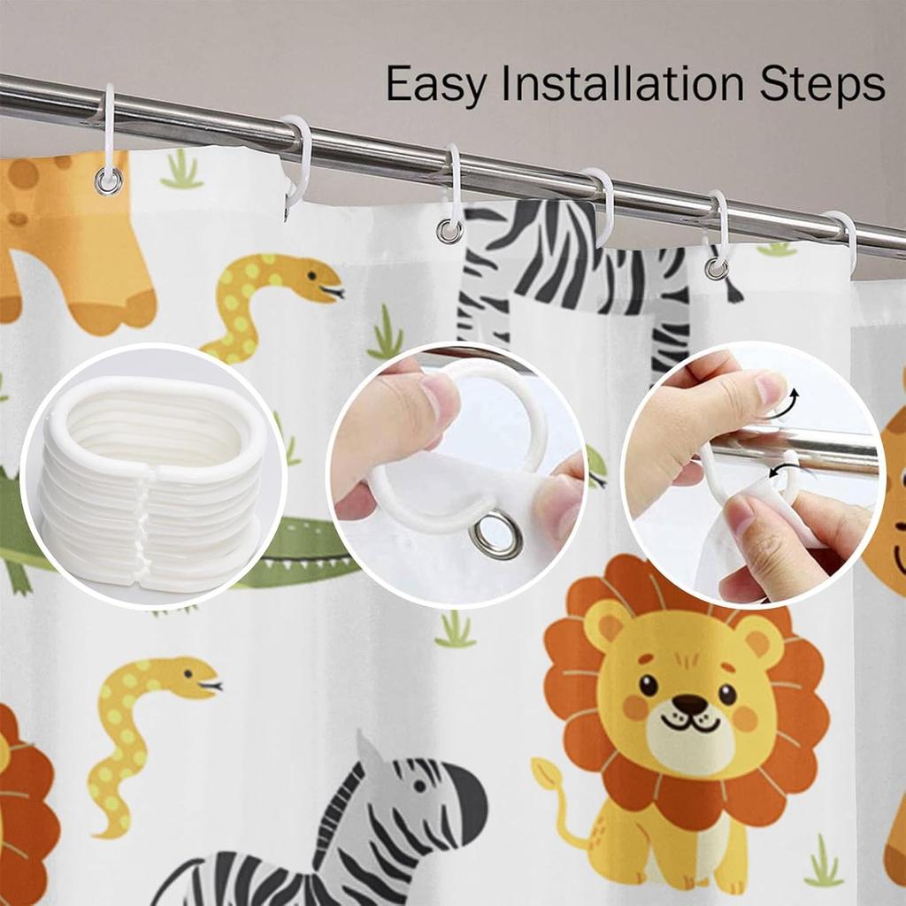 Shower Curtain Safari Animals With Cute Hippo Crocodile Lion Elephant And Giraffe In Childish Style Waterproof Polyester Fabric