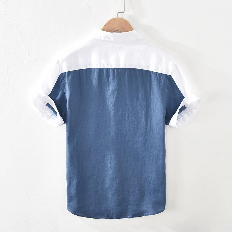 Men's Summer Splicing Thin Section Linen Short-sleeved Shirt Loose Breathable Handsome Lapel Blouse