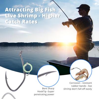 10pack Live Shrimp Fishing Hook Durability Fishing Hook with Elastics Band for Saltwater and Freshwater Angling