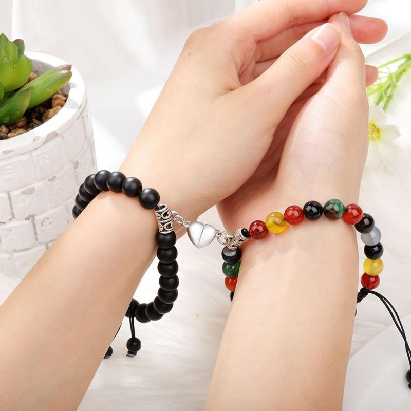 2 Pieces Natural Stone Beads Magnetic Bracelet Couple Connecting Bracelet Valentine's Day Gift for Couple Him and Her