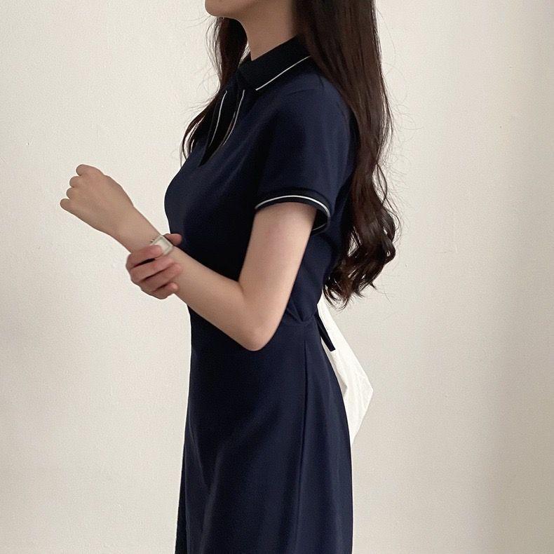 Women's Summer Retro Korean POLO Collar Color Block Slimming A-Line Dress