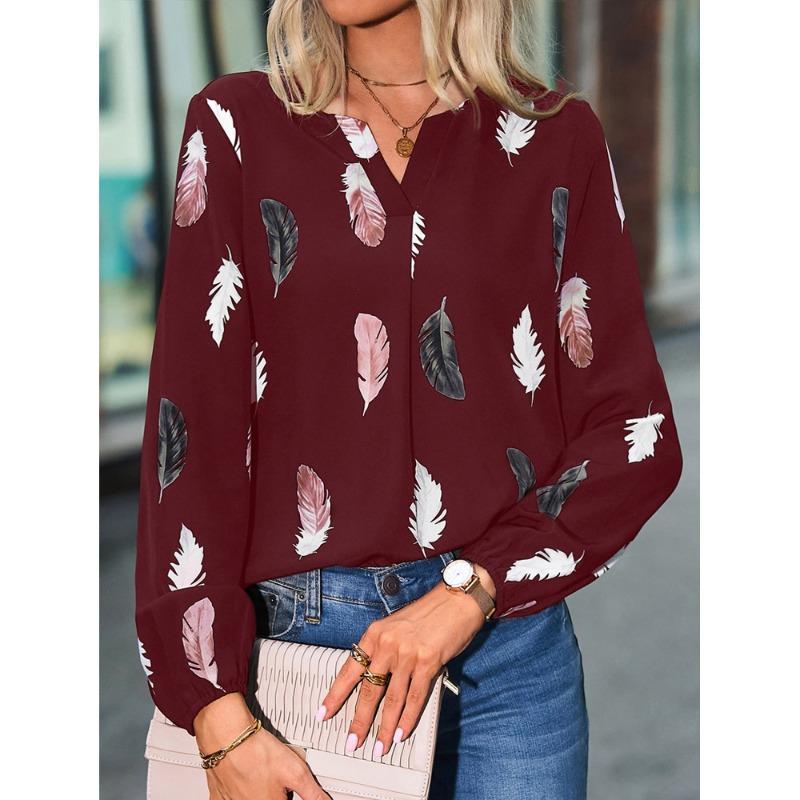 V-neck Feather-print Long-sleeved Shirt