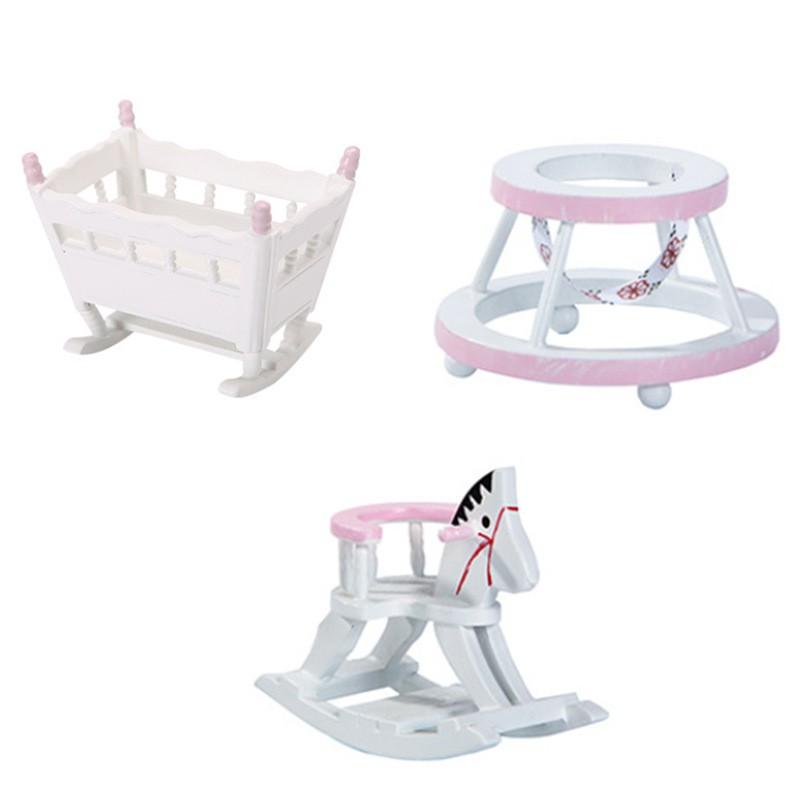 1:12 Scale Dollhouse Miniature Wooden Furniture Set Kids Room Scene Cradle Rocking Horse Walker In Pink Or Blue