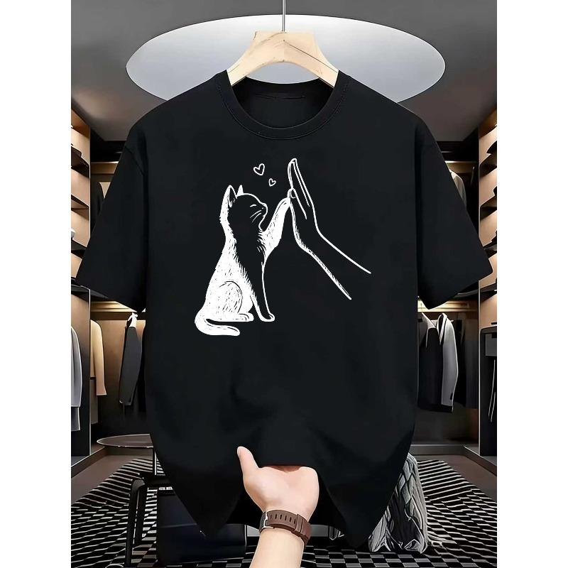 European Size Cat Paw & Heart Graphic Print Casual T-Shirt | Soft Stretch Round Neck Short Sleeve Top for Spring Summer, Machine Washable