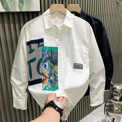 2024 Spring and Autumn Men's New Spliced Square Collar Button Pocket Printed Fashion Loose Minimalist Casual Long Sleeve Shirts