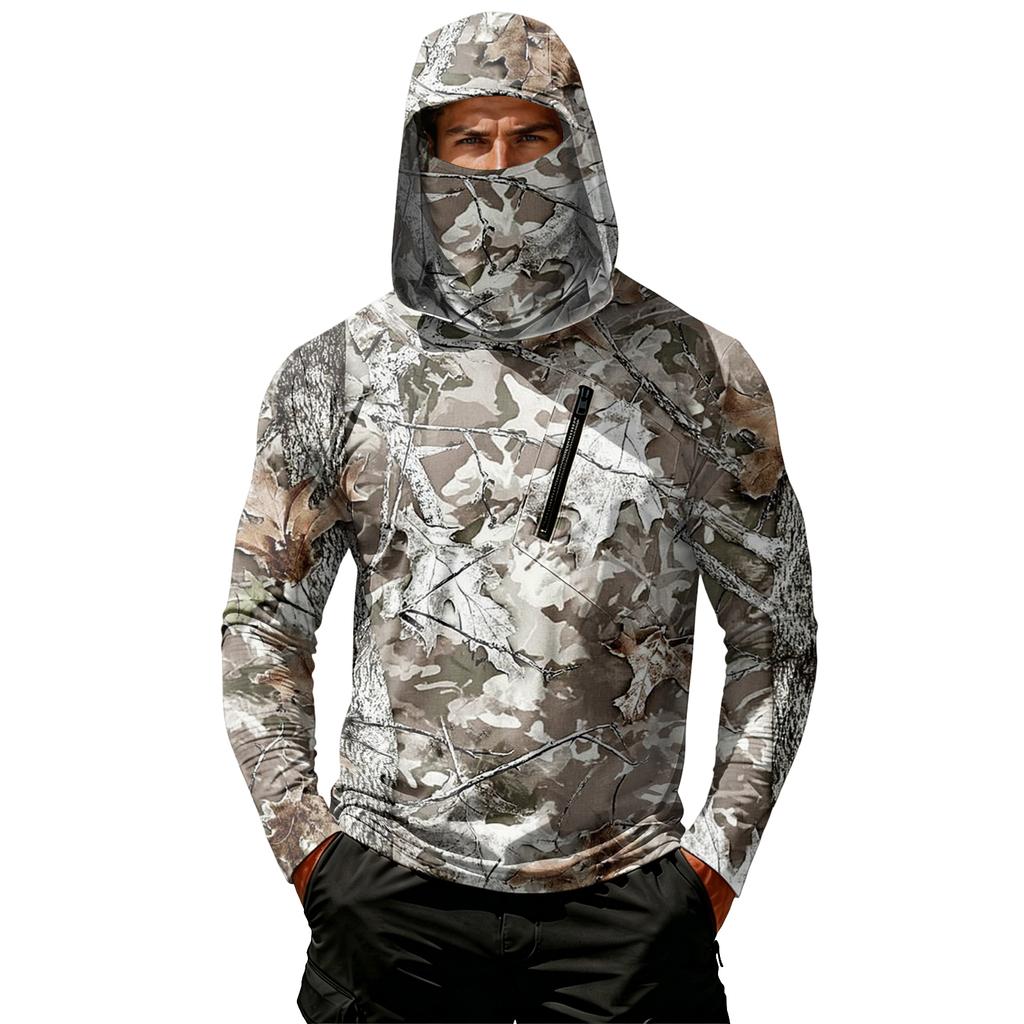 Men's Casual Hoodie Long Sleeve Lightweight Breathable Sun Protection Leaf Camouflage Printed Pullover Shirt with Hood and Chest Pocket