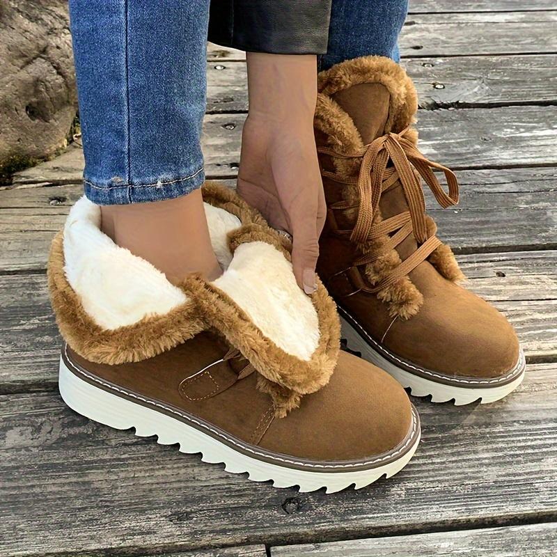 Women's Plush Lined Snow Boots, Solid Color Lace Up Outdoor Anti-Slip Boots, Winter Thermal Outdoor Mid Calf Boots