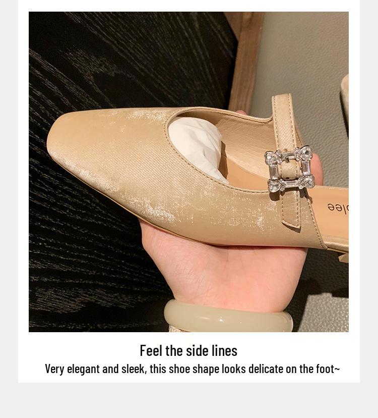 Grape Mom French Square Toe Diamond Buckle Low Heel Pointed Toe Mule Slippers for Women