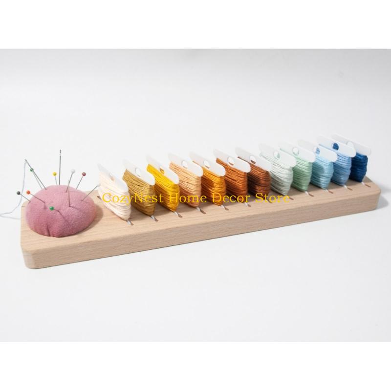92MF Wooden Thread Rack Thread Plate Holder Organiser with Sewing Pins Holder for Embroidery Thread Quilting and Sewing Pins