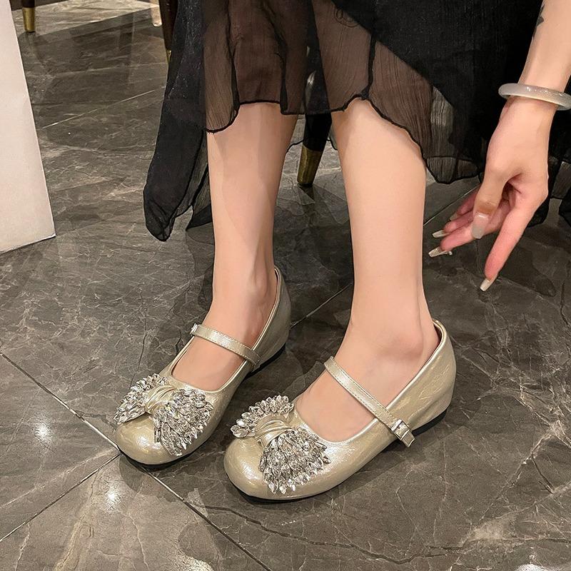 Crystal Bow Low Heel Single Round Toe Shallow Mouth Slip Strap Soft Sole Non-Slip Shoes French Women's New Shallow Bow Flats