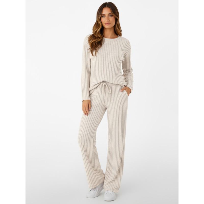 Ensemble de détente chaud pour femme en tricot côtelé avec cordon de serrage à la taille, poches, coupe ample, haut à manches longues, pantalon large