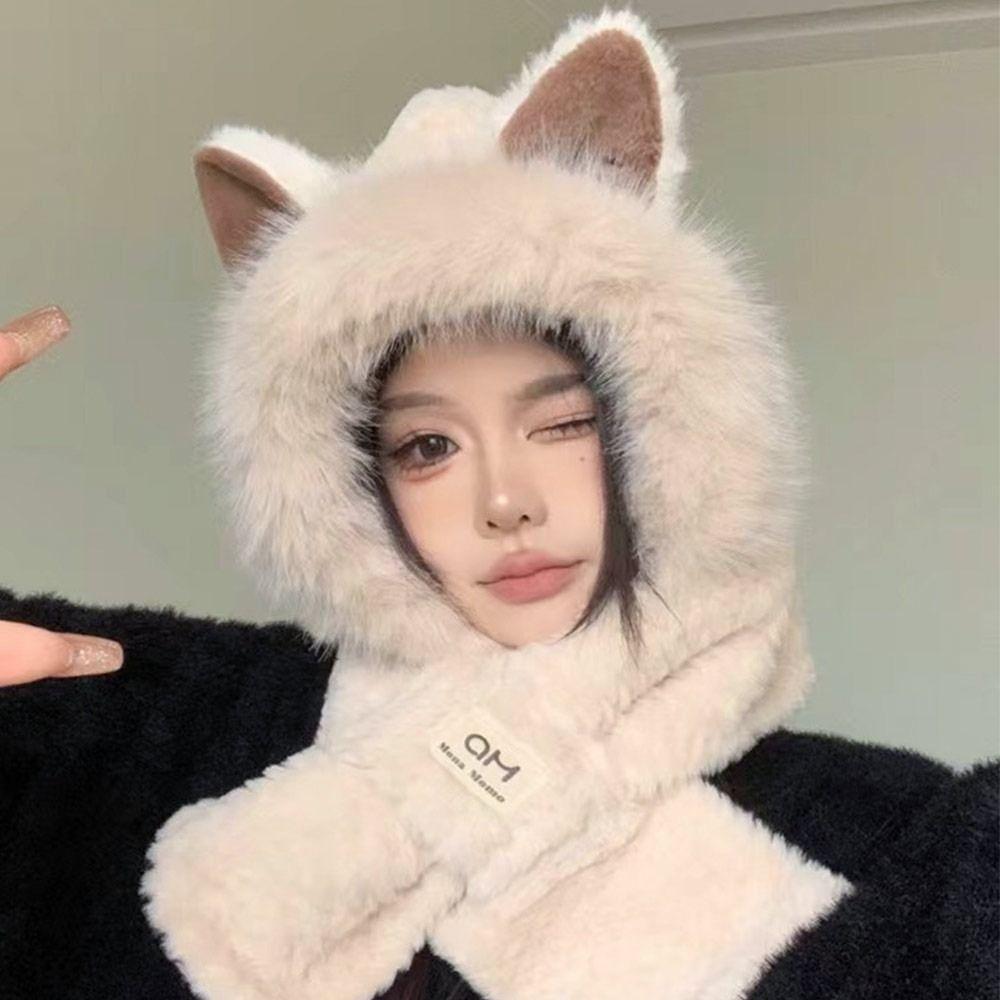 Plush Beanie Hat Scarf Thickening Ear Protection Cap Winter Scarf Set Hooded  Outdoor