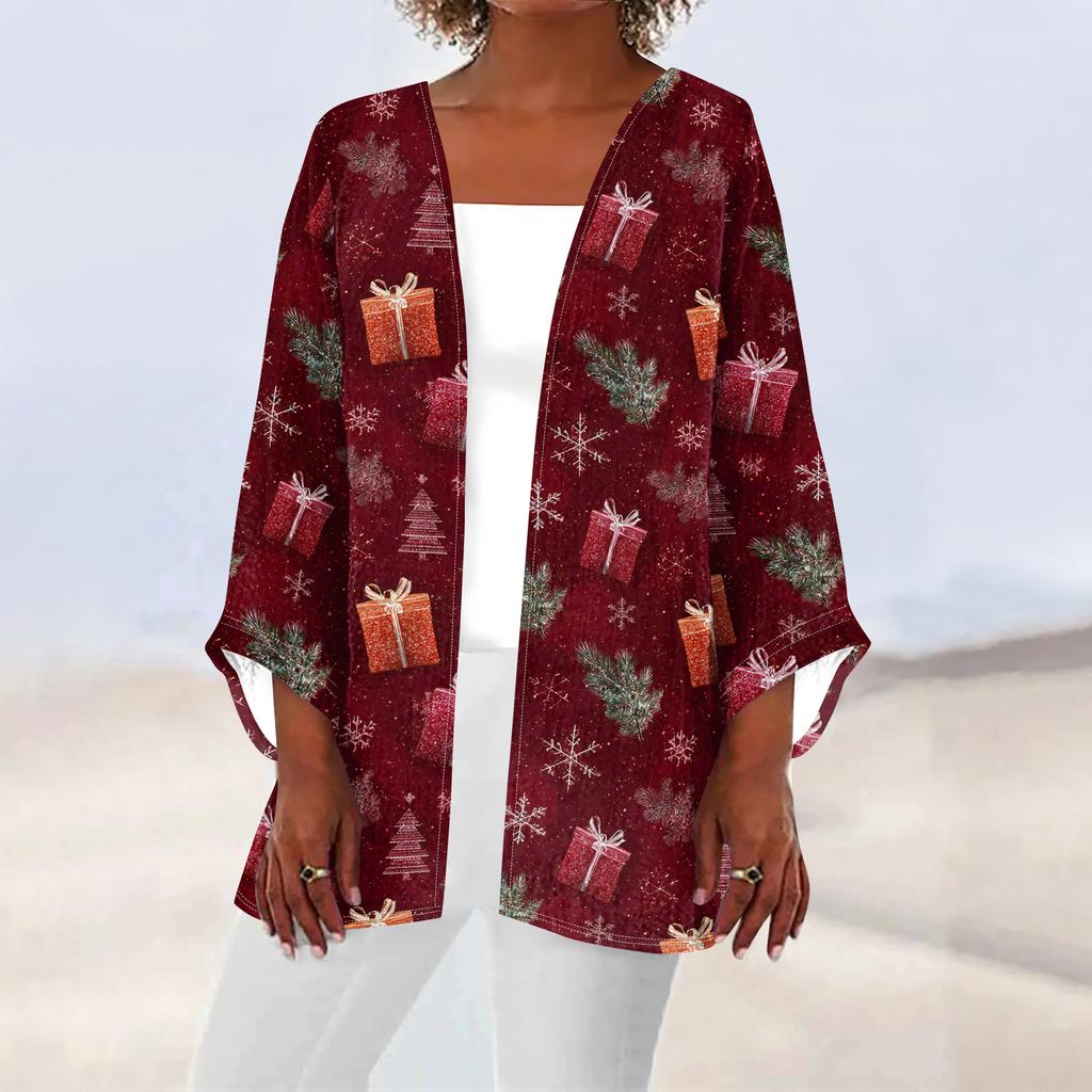 Women's Casual And Fashionable Christmas Printed Lightweight Mid Length Jacket Cardigan