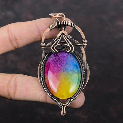 Ciondolo Drusa di Quarzo Solare Arcobaleno Avvolto in Filo di Rame Ciondolo Elegante Pietra Preziosa Gioielli in Rame Ciondolo Fatto a Mano Regalo per Anniversario