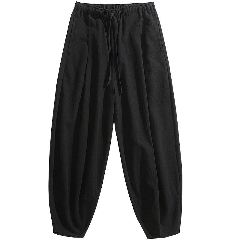 

Мужские свободные широкие брюки больших размеров, однотонные хлопковые льняные брюки-фонарики на осень L чёрный