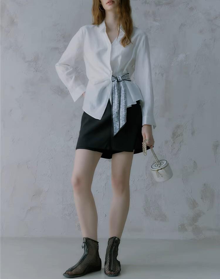 2026 Spring French Design Women's Long Sleeve Tie-Up Commuter Shirt - High-End White Top